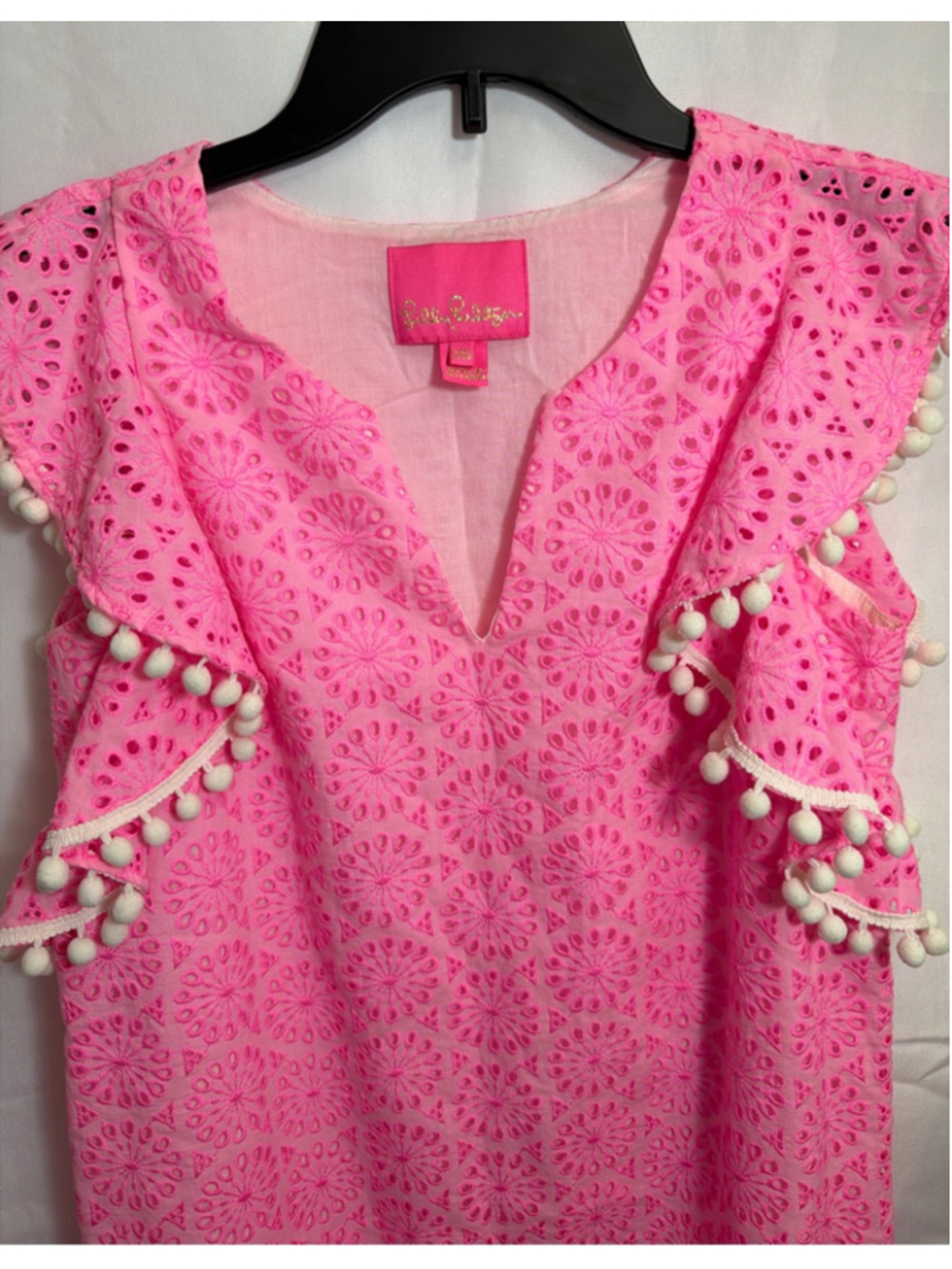 Lilly Pulitzer Pink Eyelet Pom Pom Mini Dress XXS Resort Country Club Preppy - Picture 2 of 6